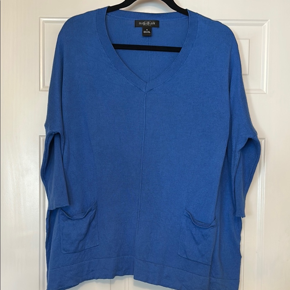 August Silk Oversized V-Neck Tunic Sweater M Blue Career Classic Minimalist